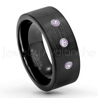 0.21ctw Amethyst 3-Stone Tungsten Ring - February Birthstone Ring - 9mm Pipe Cut Tungsten Wedding Band - Brushed Finish Black IP Comfort Fit Tungsten Carbide Ring - Men's Tungsten Anniversary Band TN230-AMT