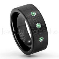 0.21ctw Emerald 3-Stone Tungsten Ring - May Birthstone Ring - 9mm Pipe Cut Tungsten Wedding Band - Brushed Finish Black IP Comfort Fit Tungsten Carbide Ring - Men's Tungsten Anniversary Band TN230-ED