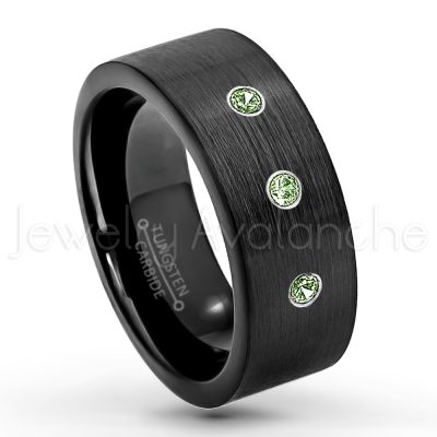 0.21ctw Green Tourmaline 3-Stone Tungsten Ring - October Birthstone Ring - 9mm Pipe Cut Tungsten Wedding Band - Brushed Finish Black IP Comfort Fit Tungsten Carbide Ring - Men's Tungsten Anniversary Band TN230-GTM