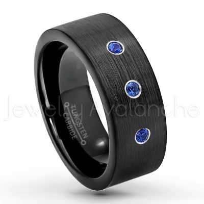 0.21ctw Blue Sapphire & Diamond 3-Stone Tungsten Ring - September Birthstone Ring - 9mm Pipe Cut Tungsten Wedding Band - Brushed Finish Black IP Comfort Fit Tungsten Carbide Ring - Men's Tungsten Anniversary Band TN230-SP