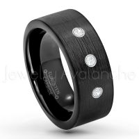 0.21ctw Diamond 3-Stone Tungsten Ring - April Birthstone Ring - 9mm Pipe Cut Tungsten Wedding Band - Brushed Finish Black IP Comfort Fit Tungsten Carbide Ring - Men's Tungsten Anniversary Band TN230-WD