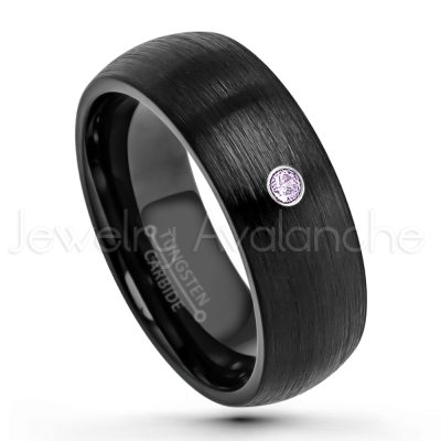 0.21ctw Amethyst & Diamond 3-Stone Tungsten Ring - February Birthstone Ring - 8mm Dome Tungsten Wedding Band - Brushed Finish Black IP Comfort Fit Tungsten Carbide Ring - Men's Tungsten Anniversary Band TN231-AMT