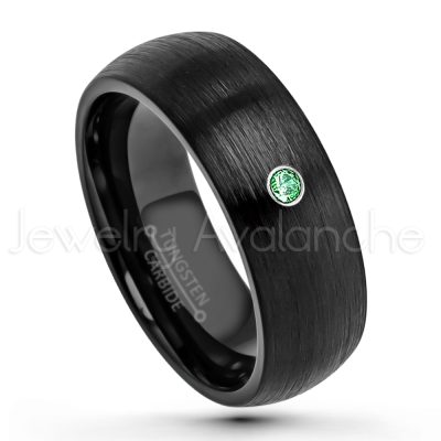 0.21ctw Emerald 3-Stone Tungsten Ring - May Birthstone Ring - 8mm Dome Tungsten Wedding Band - Brushed Finish Black IP Comfort Fit Tungsten Carbide Ring - Men's Tungsten Anniversary Band TN231-ED