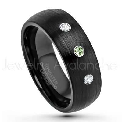 0.21ctw Green Tourmaline 3-Stone Tungsten Ring - October Birthstone Ring - 8mm Dome Tungsten Wedding Band - Brushed Finish Black IP Comfort Fit Tungsten Carbide Ring - Men's Tungsten Anniversary Band TN231-GTM