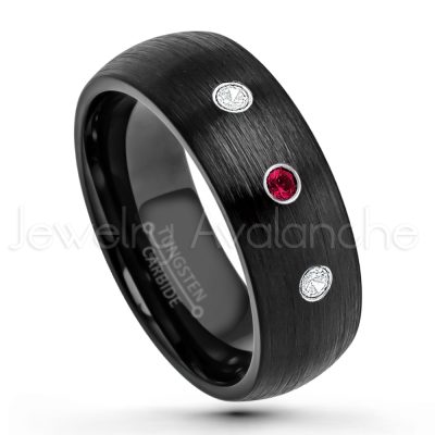 0.07ctw Ruby Tungsten Ring - July Birthstone Ring - 8mm Dome Tungsten Wedding Band - Brushed Finish Black IP Comfort Fit Tungsten Carbide Ring - Men's Tungsten Anniversary Band TN231-RB