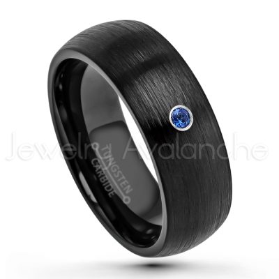 0.21ctw Blue Sapphire 3-Stone Tungsten Ring - September Birthstone Ring - 8mm Dome Tungsten Wedding Band - Brushed Finish Black IP Comfort Fit Tungsten Carbide Ring - Men's Tungsten Anniversary Band TN231-SP