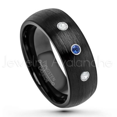 0.21ctw Blue Sapphire 3-Stone Tungsten Ring - September Birthstone Ring - 8mm Dome Tungsten Wedding Band - Brushed Finish Black IP Comfort Fit Tungsten Carbide Ring - Men's Tungsten Anniversary Band TN231-SP