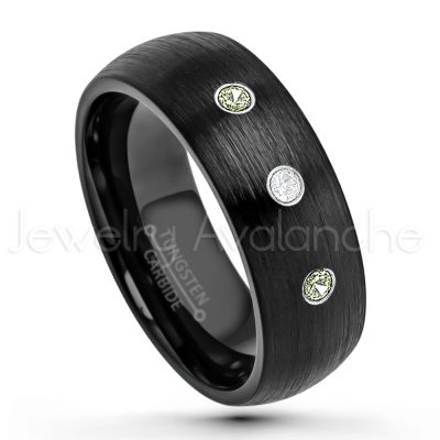 0.07ctw Peridot Tungsten Ring - August Birthstone Ring - 8mm Dome Tungsten Wedding Band - Brushed Finish Black IP Comfort Fit Tungsten Carbide Ring - Men's Tungsten Anniversary Band TN231-PD