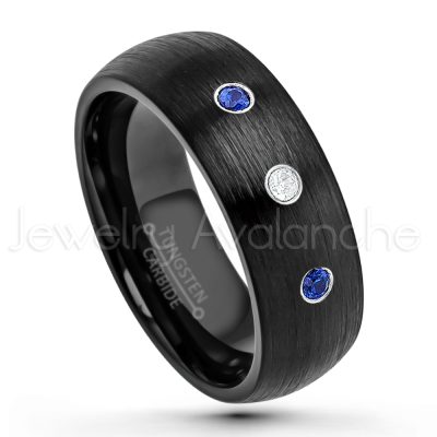 0.21ctw Blue Sapphire 3-Stone Tungsten Ring - September Birthstone Ring - 8mm Dome Tungsten Wedding Band - Brushed Finish Black IP Comfort Fit Tungsten Carbide Ring - Men's Tungsten Anniversary Band TN231-SP