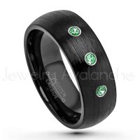0.21ctw Emerald 3-Stone Tungsten Ring - May Birthstone Ring - 8mm Dome Tungsten Wedding Band - Brushed Finish Black IP Comfort Fit Tungsten Carbide Ring - Men's Tungsten Anniversary Band TN231-ED