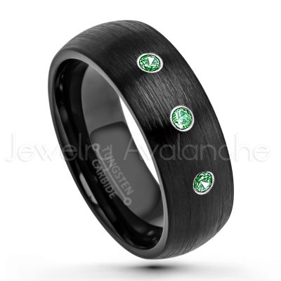 0.07ctw Emerald Tungsten Ring - May Birthstone Ring - 8mm Dome Tungsten Wedding Band - Brushed Finish Black IP Comfort Fit Tungsten Carbide Ring - Men's Tungsten Anniversary Band TN231-ED