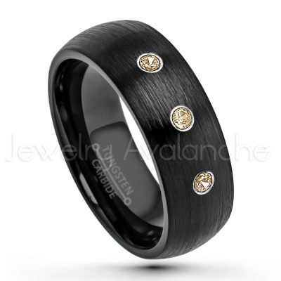 0.21ctw Smokey Quartz 3-Stone Tungsten Ring - November Birthstone Ring - 8mm Dome Tungsten Wedding Band - Brushed Finish Black IP Comfort Fit Tungsten Carbide Ring - Men's Tungsten Anniversary Band TN231-SMQ