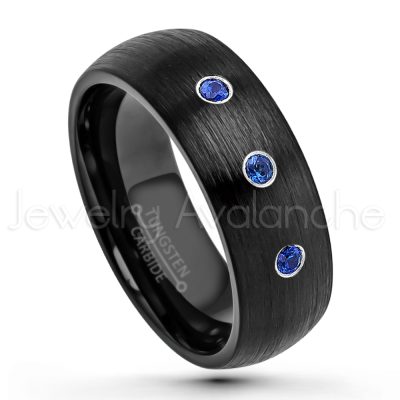 0.21ctw Blue Sapphire 3-Stone Tungsten Ring - September Birthstone Ring - 8mm Dome Tungsten Wedding Band - Brushed Finish Black IP Comfort Fit Tungsten Carbide Ring - Men's Tungsten Anniversary Band TN231-SP