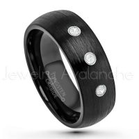 0.21ctw Diamond 3-Stone Tungsten Ring - April Birthstone Ring - 8mm Dome Tungsten Wedding Band - Brushed Finish Black IP Comfort Fit Tungsten Carbide Ring - Men's Tungsten Anniversary Band TN231-WD