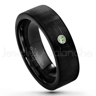 0.21ctw Green Tourmaline & Diamond 3-Stone Tungsten Ring - October Birthstone Ring - 7mm Pipe Cut Tungsten Wedding Band - Brushed Finish Black IP Comfort Fit Tungsten Carbide Ring - Men's Tungsten Anniversary Band TN232-GTM