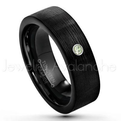 0.21ctw Peridot 3-Stone Tungsten Ring - August Birthstone Ring - 7mm Pipe Cut Tungsten Wedding Band - Brushed Finish Black IP Comfort Fit Tungsten Carbide Ring - Men's Tungsten Anniversary Band TN232-PD