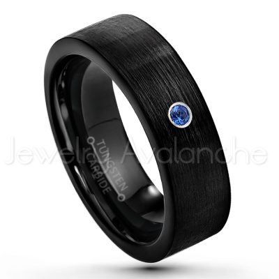 0.21ctw Blue Sapphire & Diamond 3-Stone Tungsten Ring - September Birthstone Ring - 7mm Pipe Cut Tungsten Wedding Band - Brushed Finish Black IP Comfort Fit Tungsten Carbide Ring - Men's Tungsten Anniversary Band TN232-SP