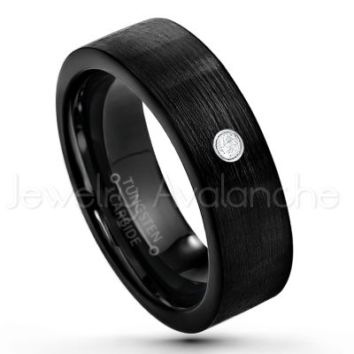 0.21ctw Diamond 3-Stone Tungsten Ring - April Birthstone Ring - 7mm Pipe Cut Tungsten Wedding Band - Brushed Finish Black IP Comfort Fit Tungsten Carbide Ring - Men's Tungsten Anniversary Band TN232-WD