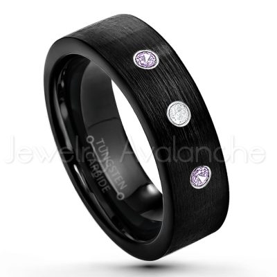 0.21ctw Amethyst & Diamond 3-Stone Tungsten Ring - February Birthstone Ring - 7mm Pipe Cut Tungsten Wedding Band - Brushed Finish Black IP Comfort Fit Tungsten Carbide Ring - Men's Tungsten Anniversary Band TN232-AMT