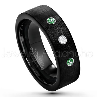 0.21ctw Emerald 3-Stone Tungsten Ring - May Birthstone Ring - 7mm Pipe Cut Tungsten Wedding Band - Brushed Finish Black IP Comfort Fit Tungsten Carbide Ring - Men's Tungsten Anniversary Band TN232-ED