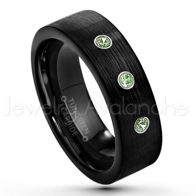 0.21ctw Green Tourmaline 3-Stone Tungsten Ring - October Birthstone Ring - 7mm Pipe Cut Tungsten Wedding Band - Brushed Finish Black IP Comfort Fit Tungsten Carbide Ring - Men's Tungsten Anniversary Band TN232-GTM