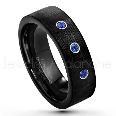 0.21ctw Blue Sapphire & Diamond 3-Stone Tungsten Ring - September Birthstone Ring - 7mm Pipe Cut Tungsten Wedding Band - Brushed Finish Black IP Comfort Fit Tungsten Carbide Ring - Men's Tungsten Anniversary Band TN232-SP