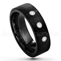 0.21ctw Diamond 3-Stone Tungsten Ring - April Birthstone Ring - 7mm Pipe Cut Tungsten Wedding Band - Brushed Finish Black IP Comfort Fit Tungsten Carbide Ring - Men's Tungsten Anniversary Band TN232-WD