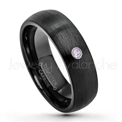 0.21ctw Amethyst 3-Stone Tungsten Ring - February Birthstone Ring - 6mm Dome Tungsten Wedding Band - Brushed Finish Black IP Comfort Fit Tungsten Carbide Ring - Tungsten Anniversary Band TN233-AMT