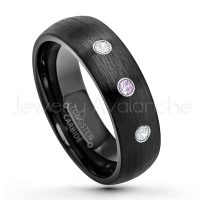 0.21ctw Amethyst & Diamond 3-Stone Tungsten Ring - February Birthstone Ring - 6mm Dome Tungsten Wedding Band - Brushed Finish Black IP Comfort Fit Tungsten Carbide Ring - Tungsten Anniversary Band TN233-AMT