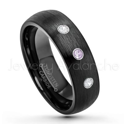 0.07ctw Amethyst Tungsten Ring - February Birthstone Ring - 6mm Dome Tungsten Wedding Band - Brushed Finish Black IP Comfort Fit Tungsten Carbide Ring - Tungsten Anniversary Band TN233-AMT