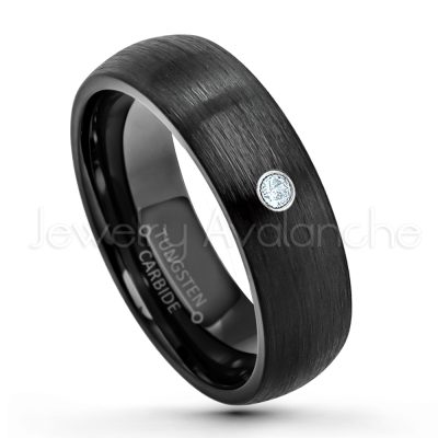 0.07ctw Aquamarine Tungsten Ring - March Birthstone Ring - 6mm Dome Tungsten Wedding Band - Brushed Finish Black IP Comfort Fit Tungsten Carbide Ring - Tungsten Anniversary Band TN233-AQM