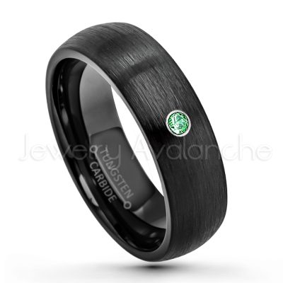 0.21ctw Emerald 3-Stone Tungsten Ring - May Birthstone Ring - 6mm Dome Tungsten Wedding Band - Brushed Finish Black IP Comfort Fit Tungsten Carbide Ring - Tungsten Anniversary Band TN233-ED