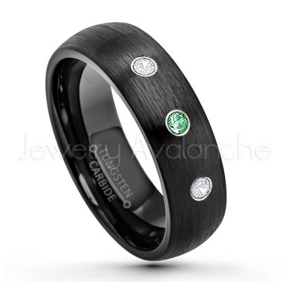 0.21ctw Emerald 3-Stone Tungsten Ring - May Birthstone Ring - 6mm Dome Tungsten Wedding Band - Brushed Finish Black IP Comfort Fit Tungsten Carbide Ring - Tungsten Anniversary Band TN233-ED