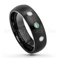 0.21ctw Emerald & Diamond 3-Stone Tungsten Ring - May Birthstone Ring - 6mm Dome Tungsten Wedding Band - Brushed Finish Black IP Comfort Fit Tungsten Carbide Ring - Tungsten Anniversary Band TN233-ED