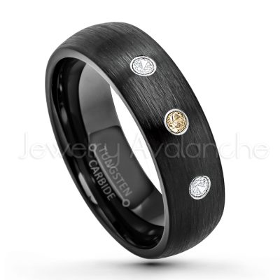 0.21ctw Smokey Quartz 3-Stone Tungsten Ring - November Birthstone Ring - 6mm Dome Tungsten Wedding Band - Brushed Finish Black IP Comfort Fit Tungsten Carbide Ring - Tungsten Anniversary Band TN233-SMQ