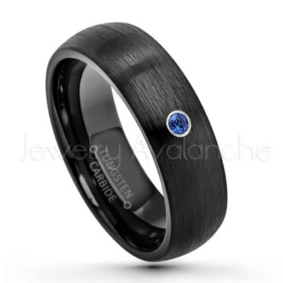 0.21ctw Blue Sapphire 3-Stone Tungsten Ring - September Birthstone Ring - 6mm Dome Tungsten Wedding Band - Brushed Finish Black IP Comfort Fit Tungsten Carbide Ring - Tungsten Anniversary Band TN233-SP