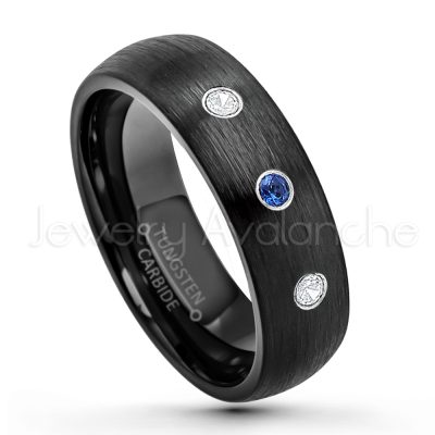 0.21ctw Blue Sapphire 3-Stone Tungsten Ring - September Birthstone Ring - 6mm Dome Tungsten Wedding Band - Brushed Finish Black IP Comfort Fit Tungsten Carbide Ring - Tungsten Anniversary Band TN233-SP