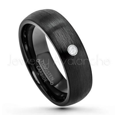 0.21ctw Diamond 3-Stone Tungsten Ring - April Birthstone Ring - 6mm Dome Tungsten Wedding Band - Brushed Finish Black IP Comfort Fit Tungsten Carbide Ring - Tungsten Anniversary Band TN233-WD