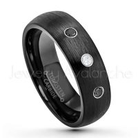 0.21ctw White & Black Diamond 3-Stone Tungsten Ring - April Birthstone Ring - 6mm Dome Tungsten Wedding Band - Brushed Finish Black IP Comfort Fit Tungsten Carbide Ring - Tungsten Anniversary Band TN233-WD
