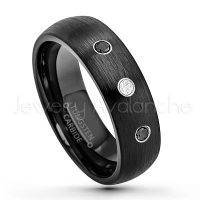0.07ctw Diamond Tungsten Ring - April Birthstone Ring - 6mm Dome Tungsten Wedding Band - Brushed Finish Black IP Comfort Fit Tungsten Carbide Ring - Tungsten Anniversary Band TN233-WD
