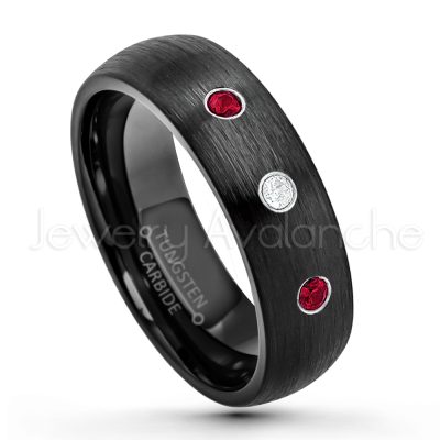 0.07ctw Ruby Tungsten Ring - July Birthstone Ring - 6mm Dome Tungsten Wedding Band - Brushed Finish Black IP Comfort Fit Tungsten Carbide Ring - Tungsten Anniversary Band TN233-RB