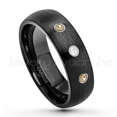 0.21ctw Smokey Quartz 3-Stone Tungsten Ring - November Birthstone Ring - 6mm Dome Tungsten Wedding Band - Brushed Finish Black IP Comfort Fit Tungsten Carbide Ring - Tungsten Anniversary Band TN233-SMQ