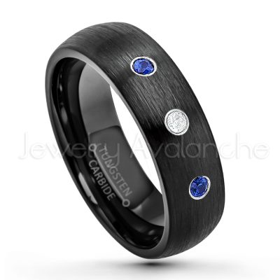 0.21ctw Blue Sapphire 3-Stone Tungsten Ring - September Birthstone Ring - 6mm Dome Tungsten Wedding Band - Brushed Finish Black IP Comfort Fit Tungsten Carbide Ring - Tungsten Anniversary Band TN233-SP