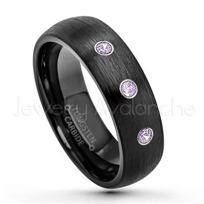 0.21ctw Amethyst & Diamond 3-Stone Tungsten Ring - February Birthstone Ring - 6mm Dome Tungsten Wedding Band - Brushed Finish Black IP Comfort Fit Tungsten Carbide Ring - Tungsten Anniversary Band TN233-AMT