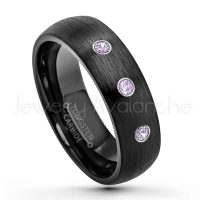0.21ctw Amethyst 3-Stone Tungsten Ring - February Birthstone Ring - 6mm Dome Tungsten Wedding Band - Brushed Finish Black IP Comfort Fit Tungsten Carbide Ring - Tungsten Anniversary Band TN233-AMT