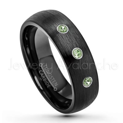 0.21ctw Green Tourmaline & Diamond 3-Stone Tungsten Ring - October Birthstone Ring - 6mm Dome Tungsten Wedding Band - Brushed Finish Black IP Comfort Fit Tungsten Carbide Ring - Tungsten Anniversary Band TN233-GTM
