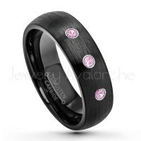 0.21ctw Pink Tourmaline 3-Stone Tungsten Ring - October Birthstone Ring - 6mm Dome Tungsten Wedding Band - Brushed Finish Black IP Comfort Fit Tungsten Carbide Ring - Tungsten Anniversary Band TN233-PTM