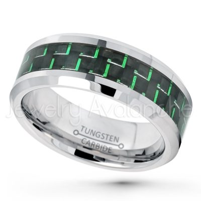 9mm Tungsten Wedding Band - Polished Comfort Fit Beveled Edge Tungsten Carbide Ring w/ Green & Black Carbon Fiber Inlay -Tungsten Ring TN324PL