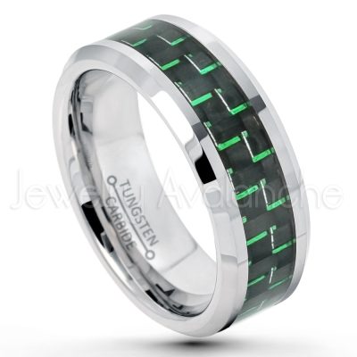 9mm Tungsten Wedding Band - Polished Comfort Fit Beveled Edge Tungsten Carbide Ring w/ Green & Black Carbon Fiber Inlay -Tungsten Ring TN324PL