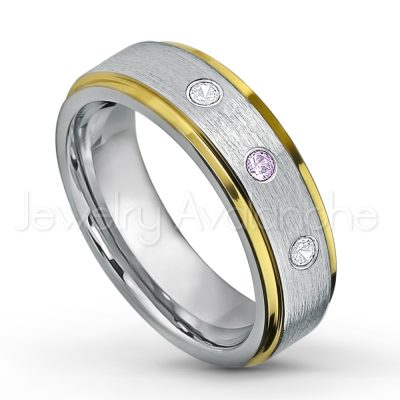 0.21ctw Amethyst & Diamond 3-Stone Tungsten Ring - February Birthstone Ring - 2-tone Tungsten Wedding Band - 6mm Brushed Finish Comfort Fit Yellow Gold Plated Stepped Edge Tungsten Carbide Ring TN330-AMT